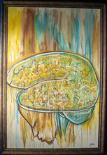 Load image into Gallery viewer, Original painting of a stylized brain with colorful abstract background, custom framed in mocha burlap with a visible acid-free foam core backing.